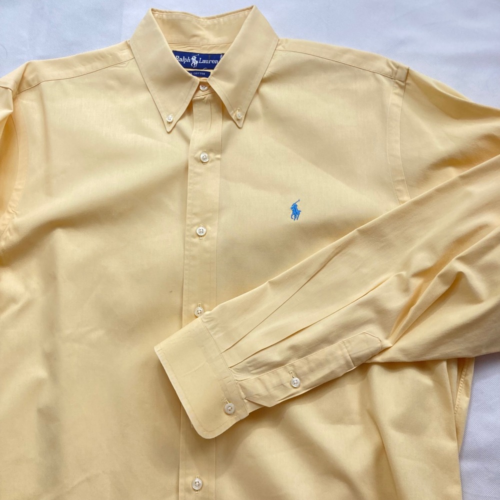 Ralph Lauren Mens' Shirt Large Yellow Cotton Button Down Blue Pony Long Sleeve
